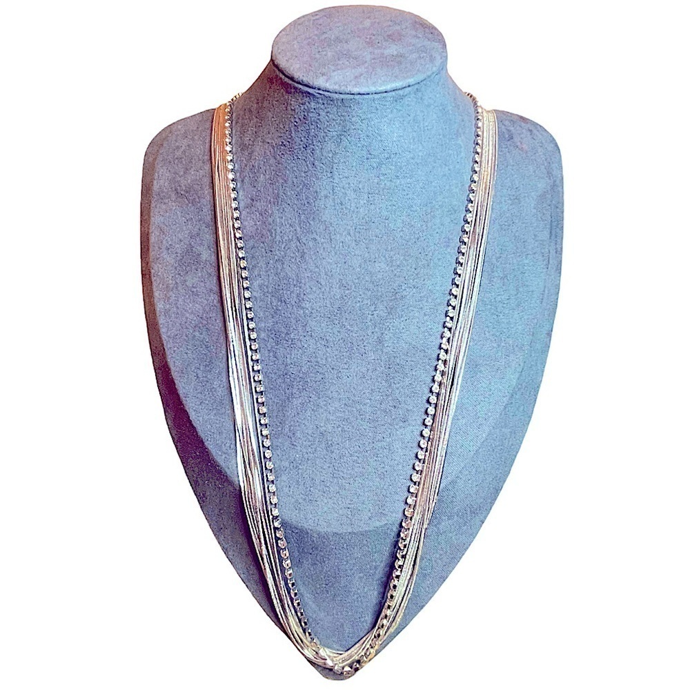 Long‎ Silver Tone Layered Snake Chains and Rhinestone Statement Necklace